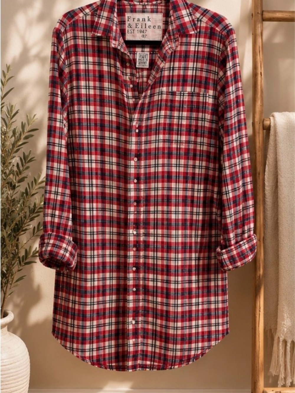 Frank & Eileen Murphy Shirt Dress Large Red Navy Plaid 100% Italian Linen